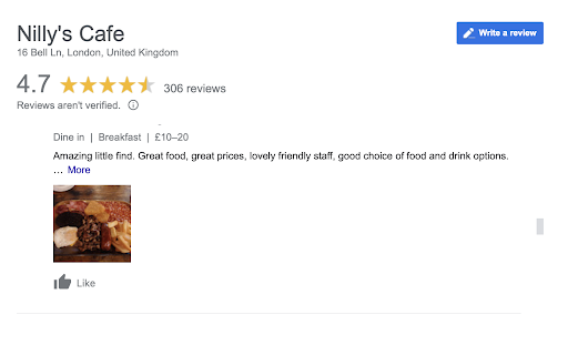 Nilly Cafe's 5-star Google review