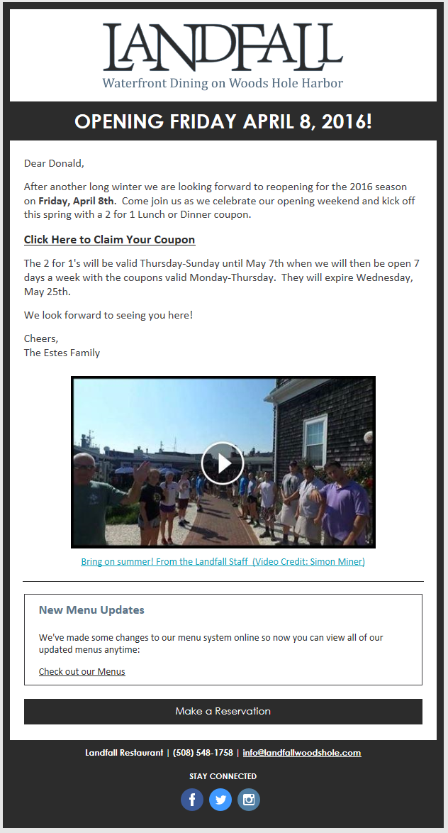 constant contact customer email -- Landfall Restaurant