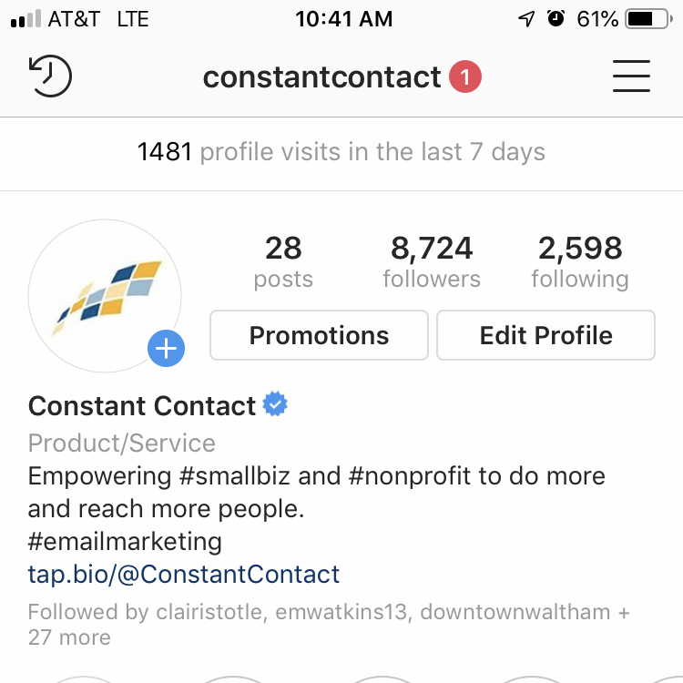 Instagram business profile for Constant Contact, showing Insights data at the top