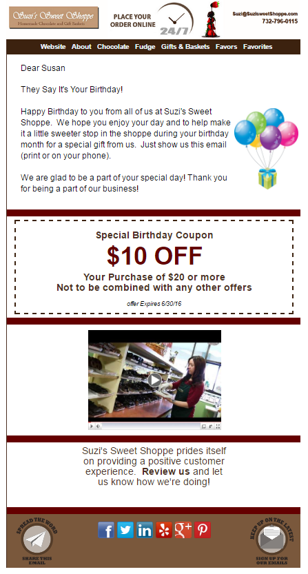 Suzi's Sweet Shoppe birthday email