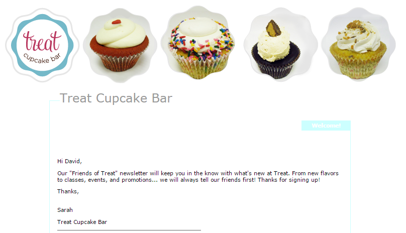 Treat Cupcake welcome email