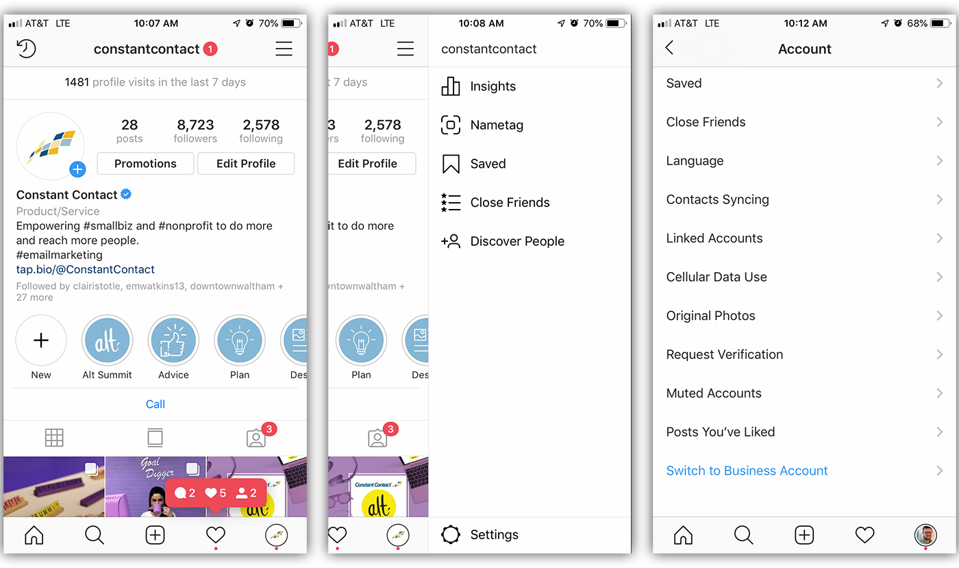 Select the drop-down menu in the Instagram app, select 'settings' then 'account' to find where to switch to a business account.