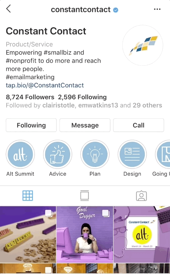 An animated GIF showing someone clicking to call on an Instagram business profile.