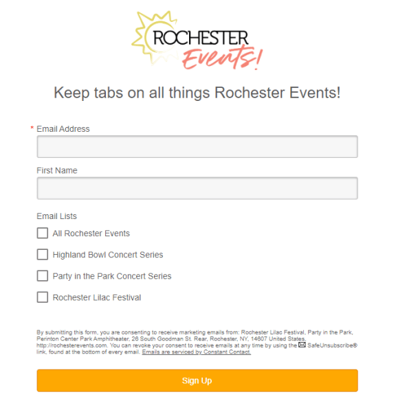 Rochester Lilac Festival's sign-up form is plain and uses a preference center to ease personalization by adding subscribers to the right segment.