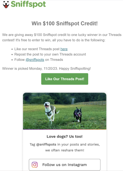 Sniffspot's email writing prompts example