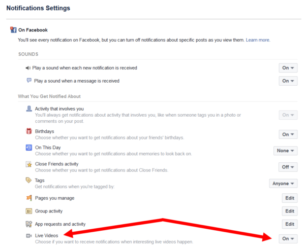 Facebook Live notification settings
