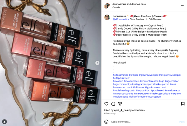 An Instagram post from a happy customer sharing their favorite new ELF lip oils.