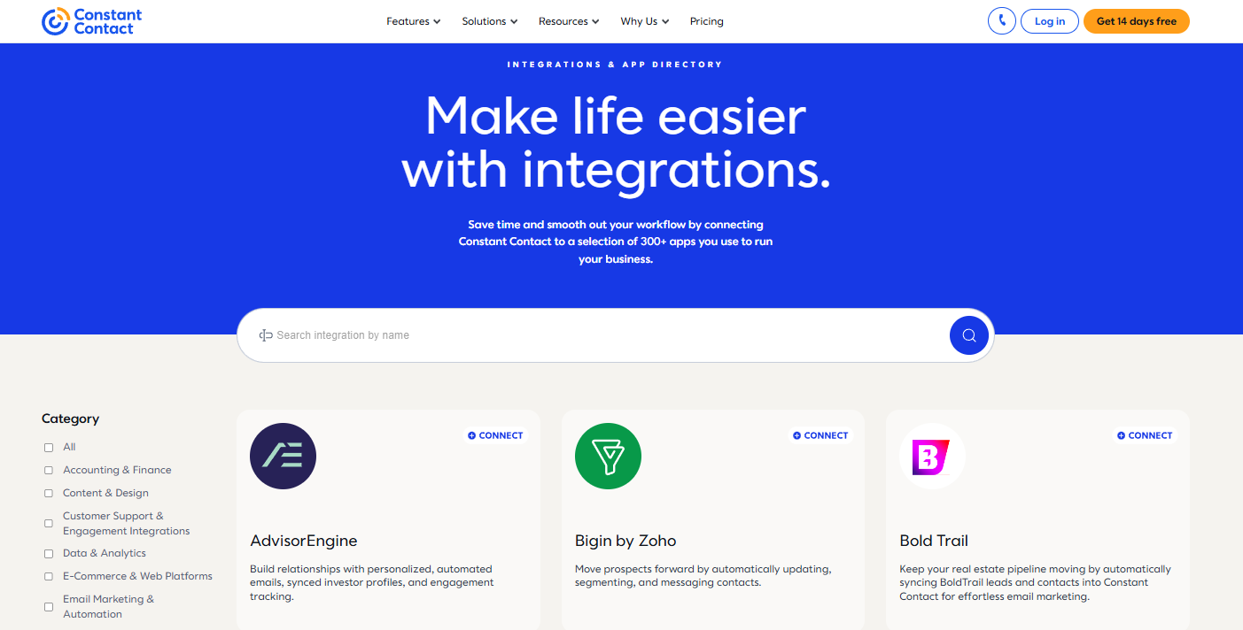 This is an image of Constant contact's CRM integrations page.