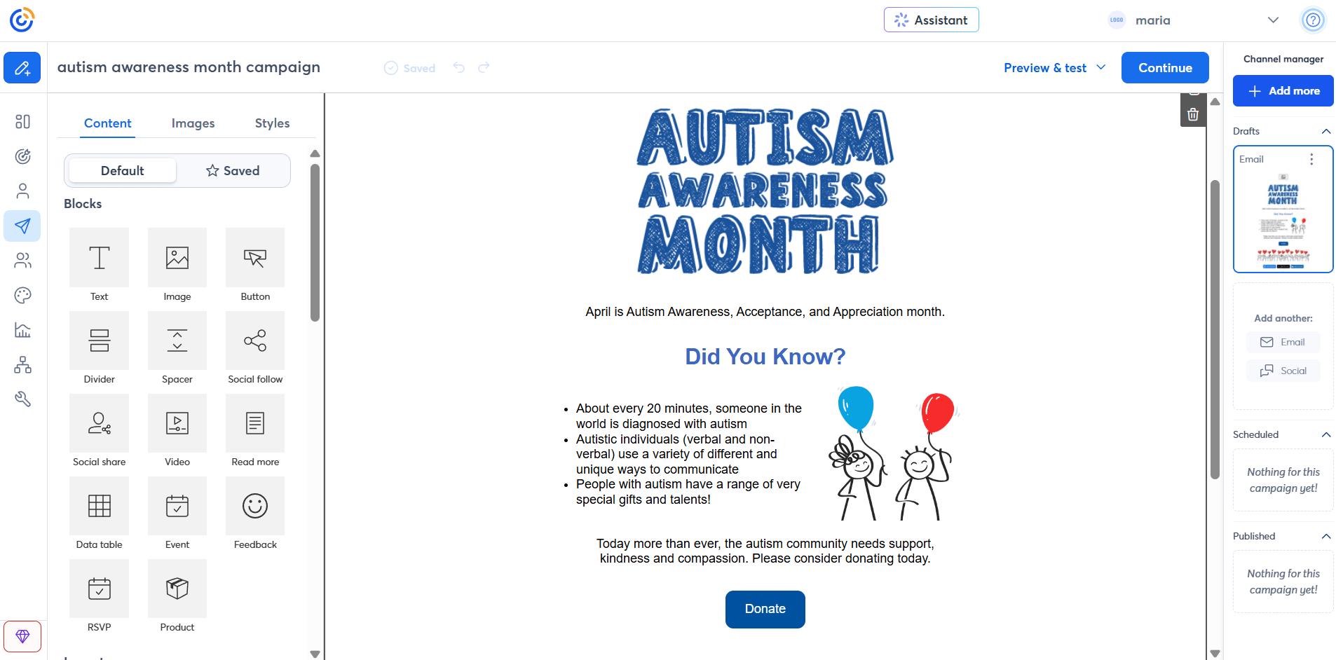 A screenshot of Constant Contact's email editor with a pre-built Autism Awareness Month email template and customization options on the side