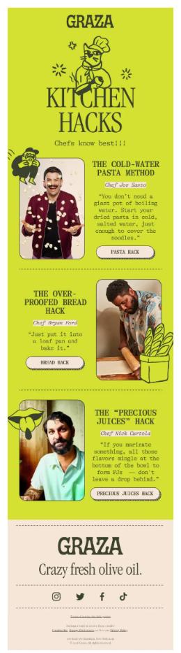 A screenshot of Graza's promotional email titled "Kitchen Hacks," with cooking tips from chefs Joe Sasto, Bryan Ford, and Nick Curtola