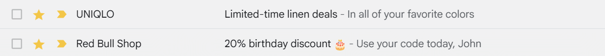 A screenshot of an inbox displaying subject lines and preview texts of promotional emails from UNIQLO and Red Bull Shop