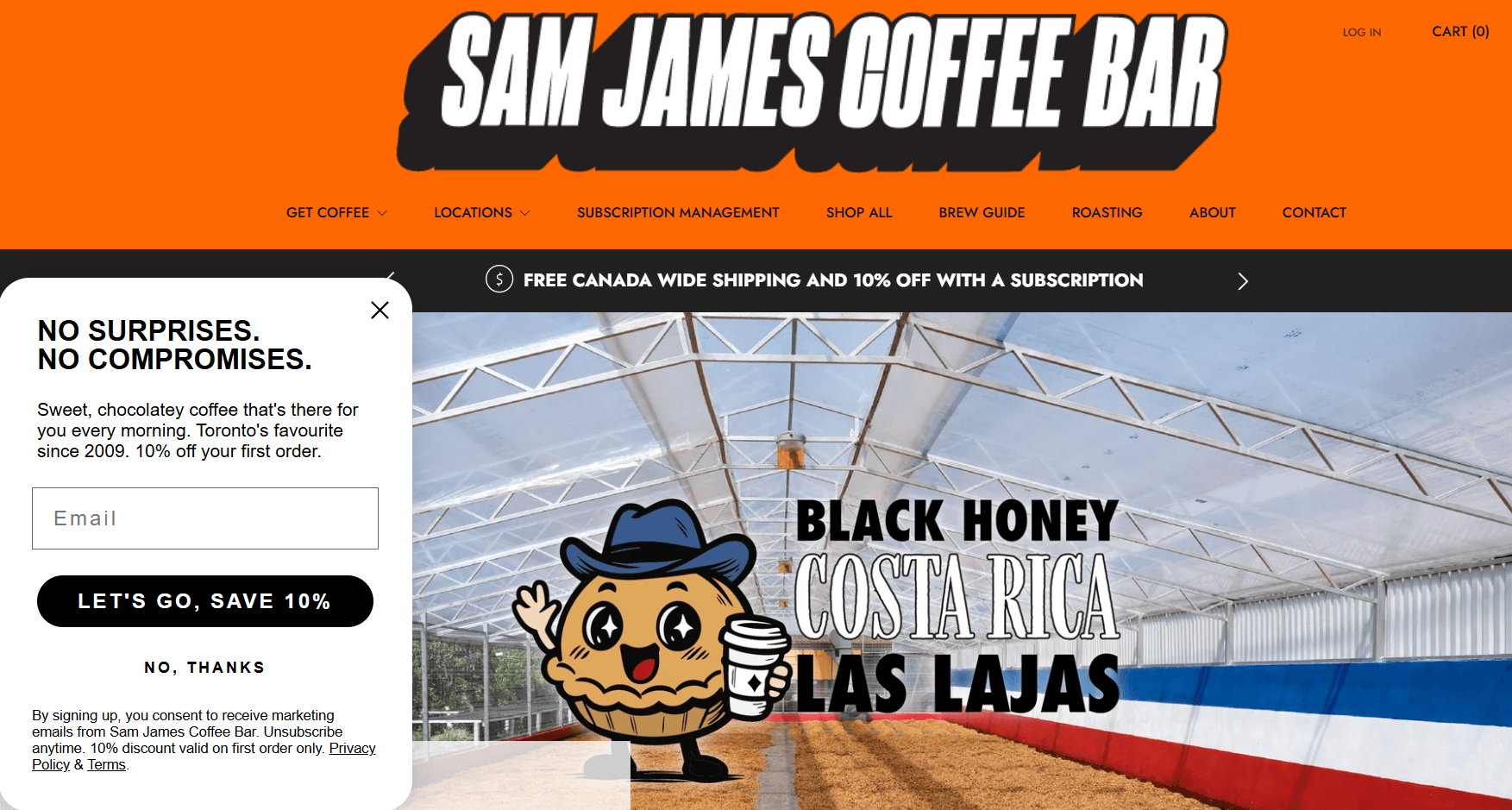 A screenshot of the Sam James Coffee Bar website with a newsletter pop-up offering 10% off the first order to new subscribers