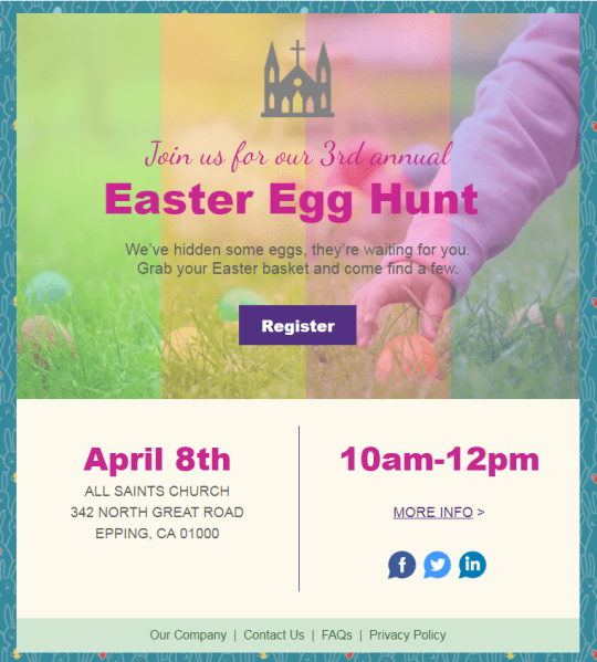 An email announcing a church's annual Easter egg hunt with event details and a registration CTA button.