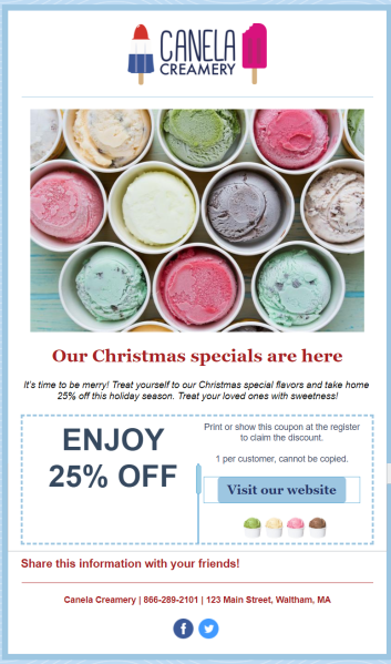 A marketing email promoting an ice cream shop's Christmas specials, with an exclusive holiday coupon.