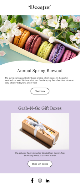 A sample email template using colorful product images to announce a new launch.