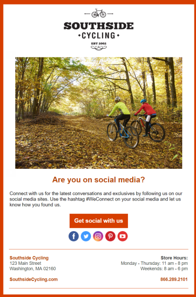 An email template highlighting a business's social media profiles.