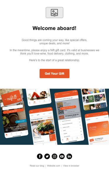A text-based welcome email that features a CTA button to unlock a free gift.