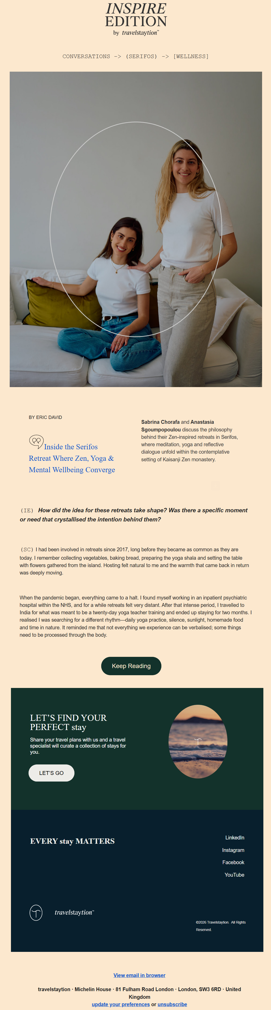 An image of Travelstaytion's email featuring a photo of the founders' of a Zen and yoga retreat in Serifos