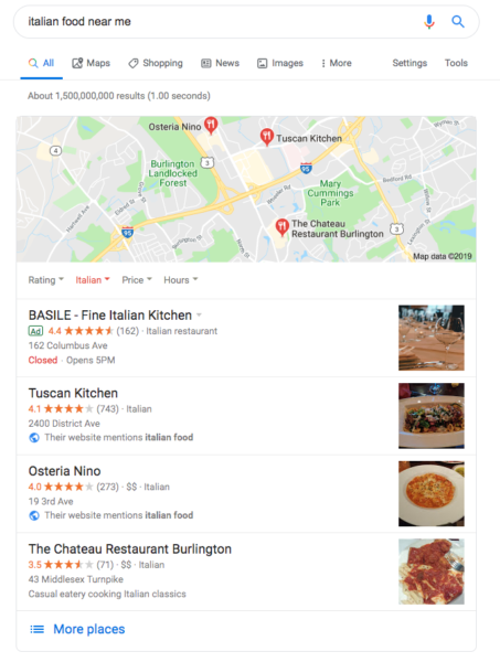 Example Google search results for "Italian food near me"