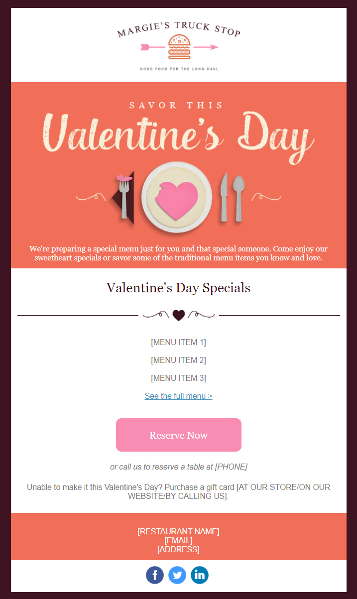 Valentine's Day email template: "Valentine's Day Specials"