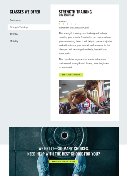 example of a fitness classes page