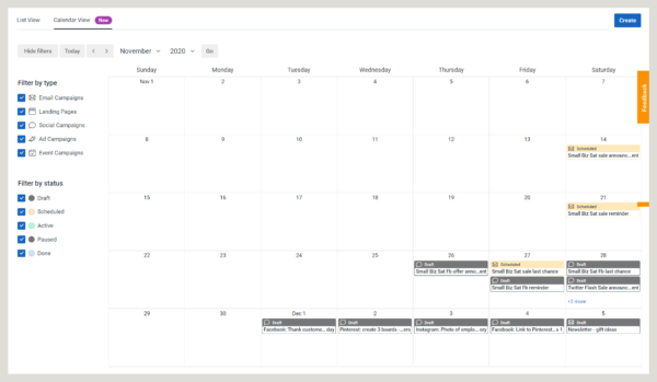 Constant Contact's in-product online marketing calendar showing scheduled three-email series campaign and social media campaign drafts.