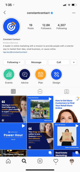 A screenshot of the Constant Contact Instagram profile