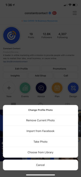 A screenshot of the Constant Contact Instagram account with the "change profile photo" settings shown at the bottom
