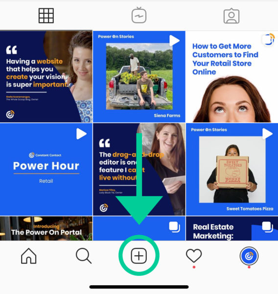 A screenshot of an Instagram profile showing an arrow pointing to the create post botton