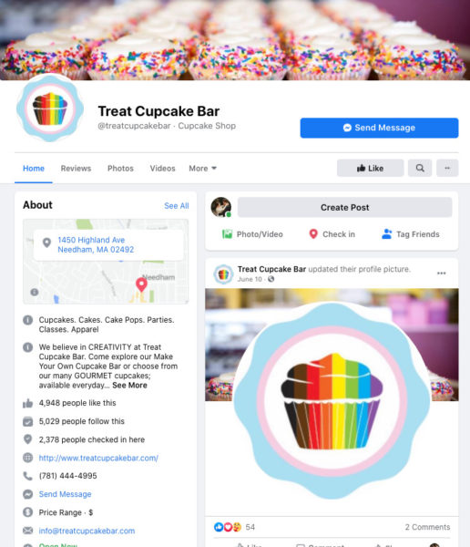 Facebook business page example from Treat Cupcake Bar.