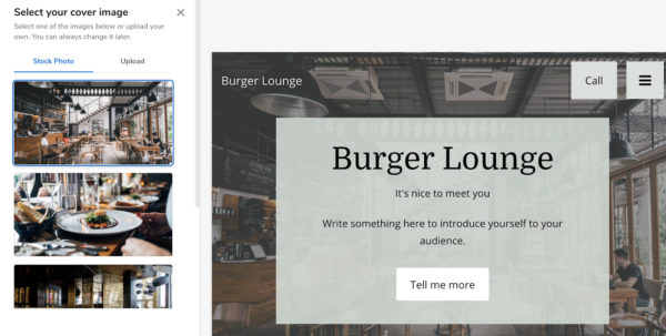 screen shot of using Constant Contact's restaurant Website Builder