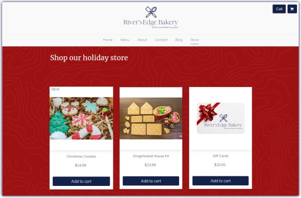 River's Edge Bakery mock-online store with and without holiday website design