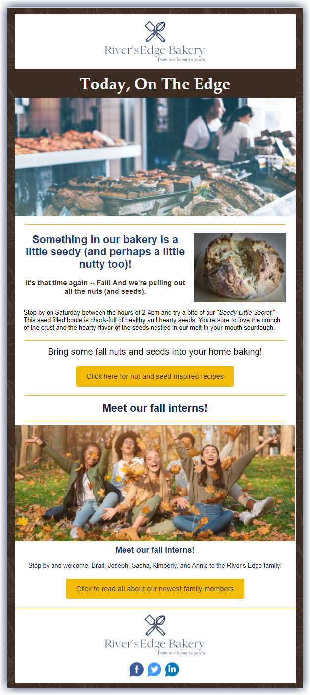 Example of a branded holiday email design for autumn with browns and yellows