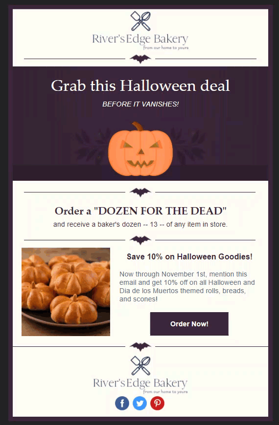 Example of a Halloween sale .gif email template that has been branded