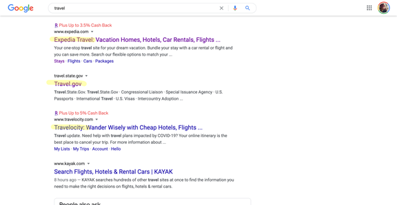 content marketing for travel companies SERP
