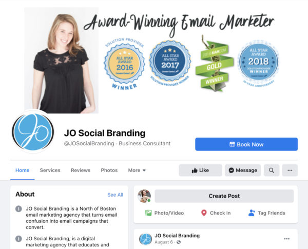 A screenshot of the Facebook Page for JO Social Branding
