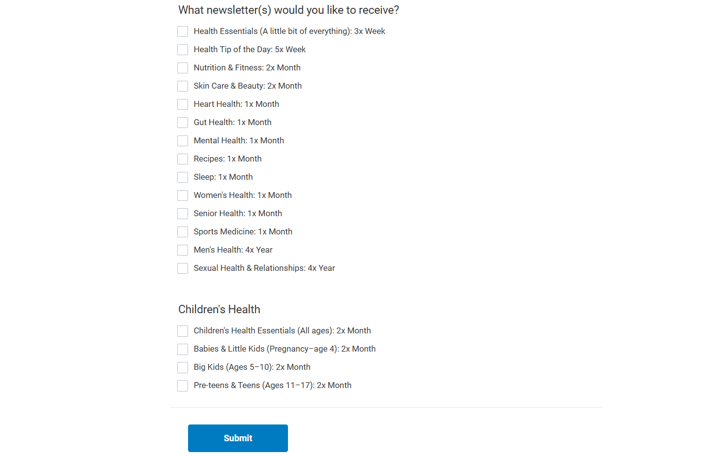 An image of Cleveland Clinic's email preference center showing a checklist of health topics and sending frequencies