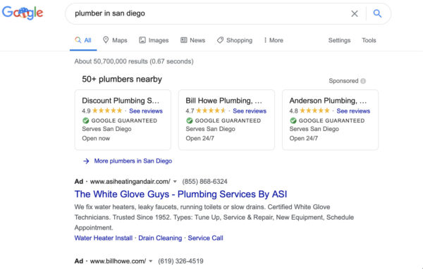 Plumbing internet marketing includes reviews and ads that can get you on the first page of a Google search