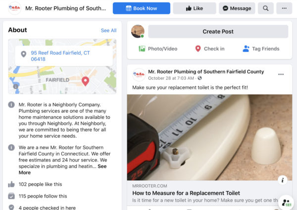 for plumbing internet marketing, make sure to fill out your facebook business page and share blog posts on your feed