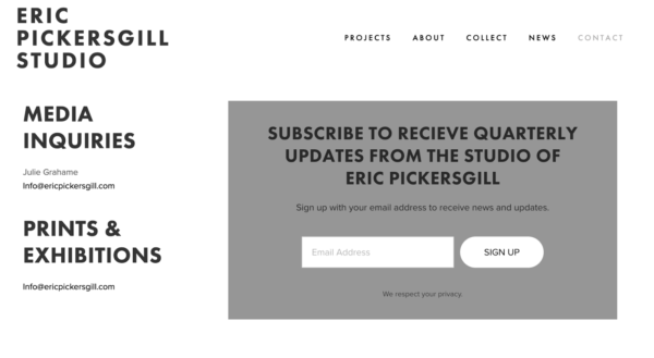 artist website example of how visitors can connect with the artist - Artist : Eric Pickersgill