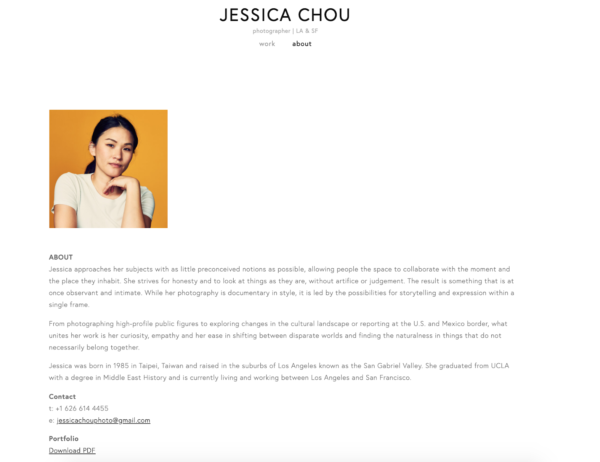 artist website example of telling the artist's story on an about page - Artist: Jessica Chou