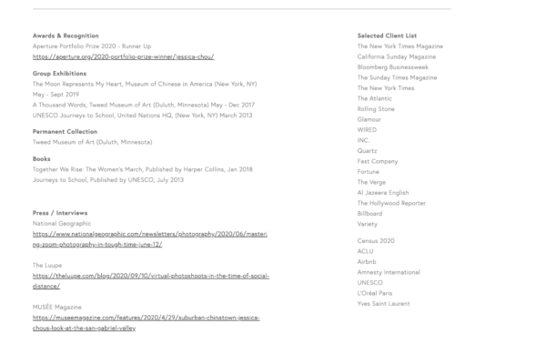 artist website example of listing awards, clients and press on about page - Artist: Jessica Chou