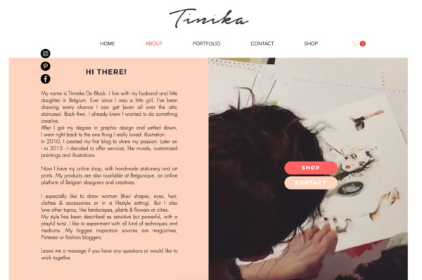 artist website example of including clear CTAs on an about page - Artist: Tinneke De Block