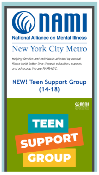 An image of NAMI-NYC's email announcing a new teen support group for ages 14 to 18 