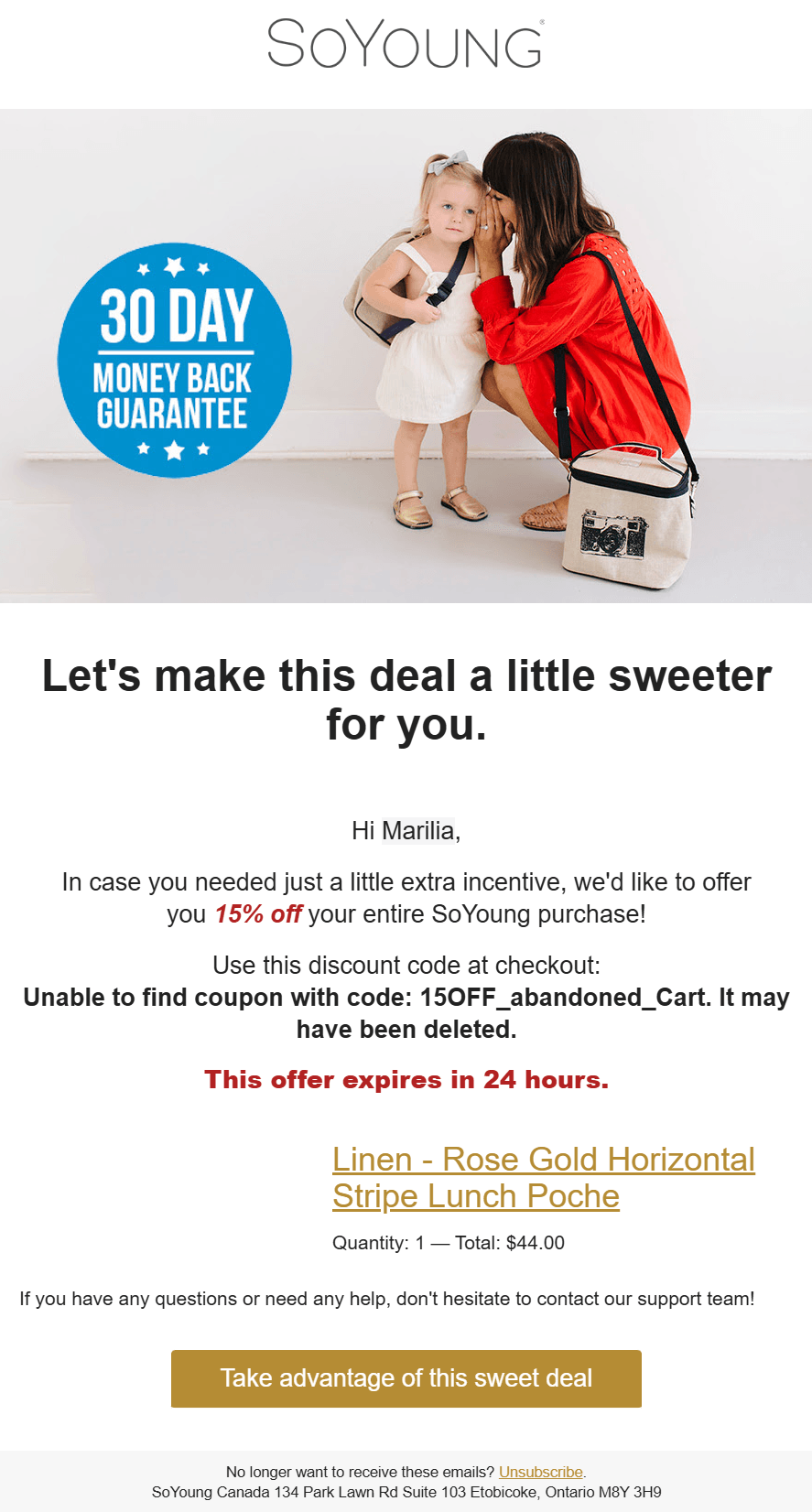 An image of a cart abandonment email by SoYoung Canada with a time-sensitive discount code and a 30-day money back guarantee trust badge. The email also includes the abandoned item along with its price