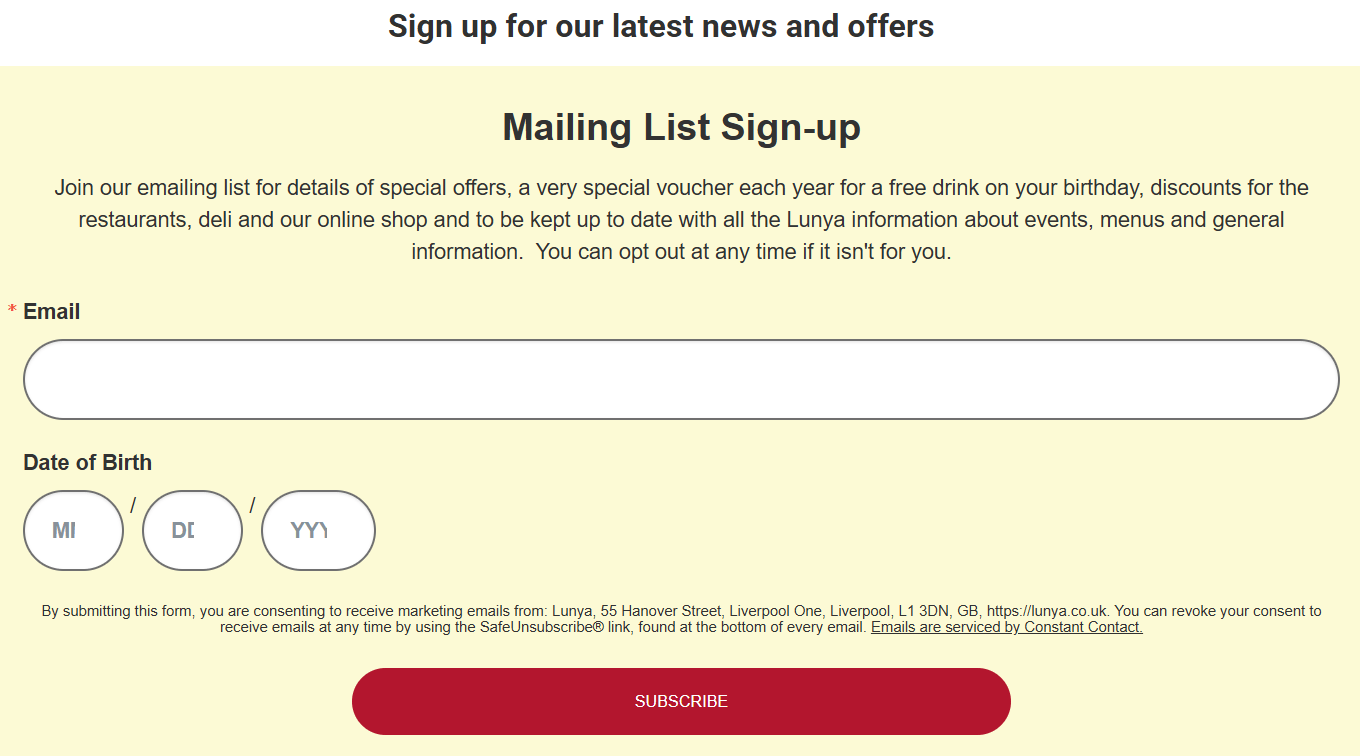 A screenshot of Lunya's email sign-up form with fields for email and date of birth and a red 'SUBSCRIBE' call-to-action