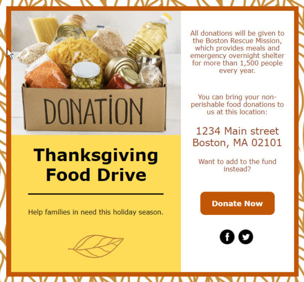 Constant Contact holiday email template - Thanksgiving food drive