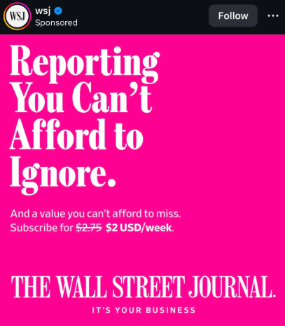 An Instagram ad from The Wall Street Journal that uses a bright pink background and bold text to get brand attention.