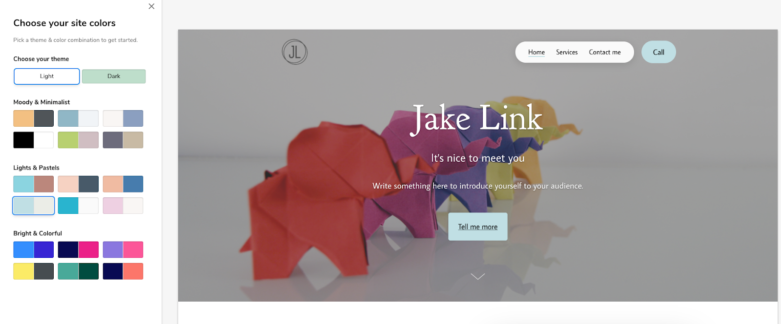Personal website builder color options
