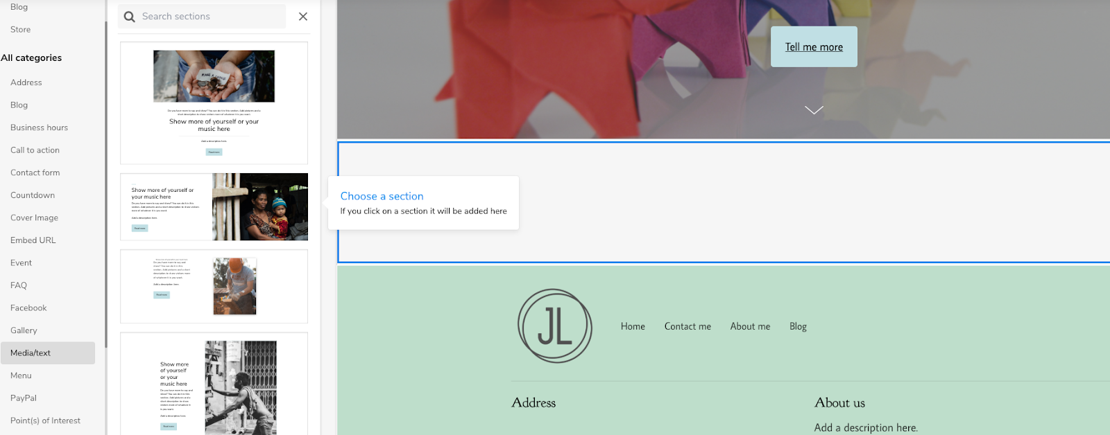 Add a section to your personal website with website builder.